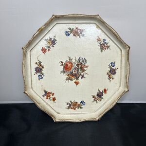 VTG Wood Look Serving Tray Decor Octagon Floral 11” Distressed Farmhouse Rustic